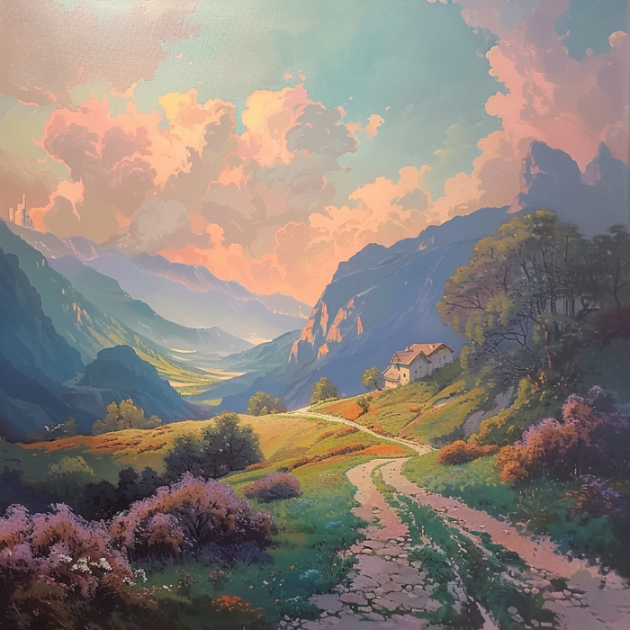 Pastel landscape created using Midjourney.